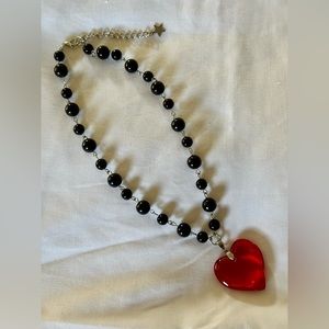 Red Glass Heart Pendant Black Beaded Necklace Women Gift Crystal Charm Chunky